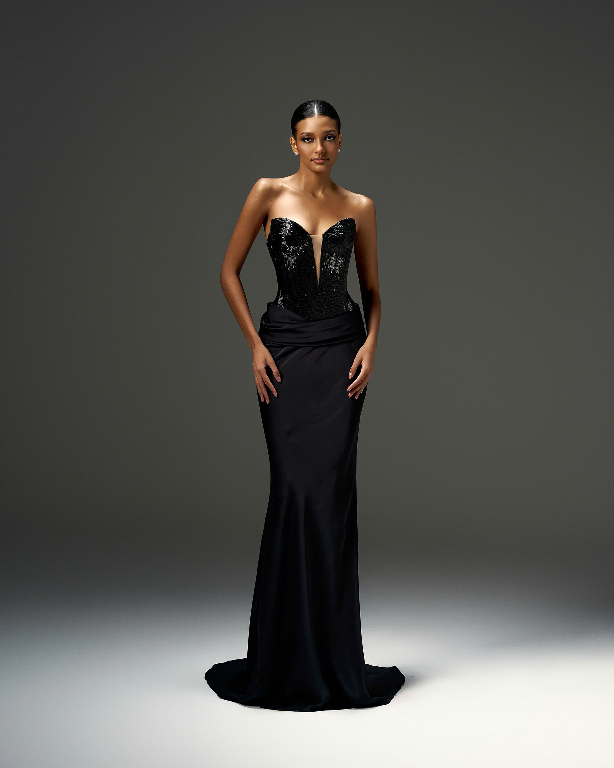 Strapless Floral Draped Gown